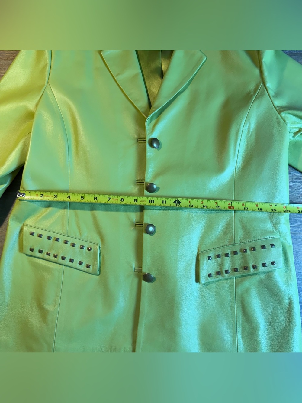 Terry Lewis Vintage Y2K Chartreuse Leather Blazer with Stud Trim - Picture 9 of 10